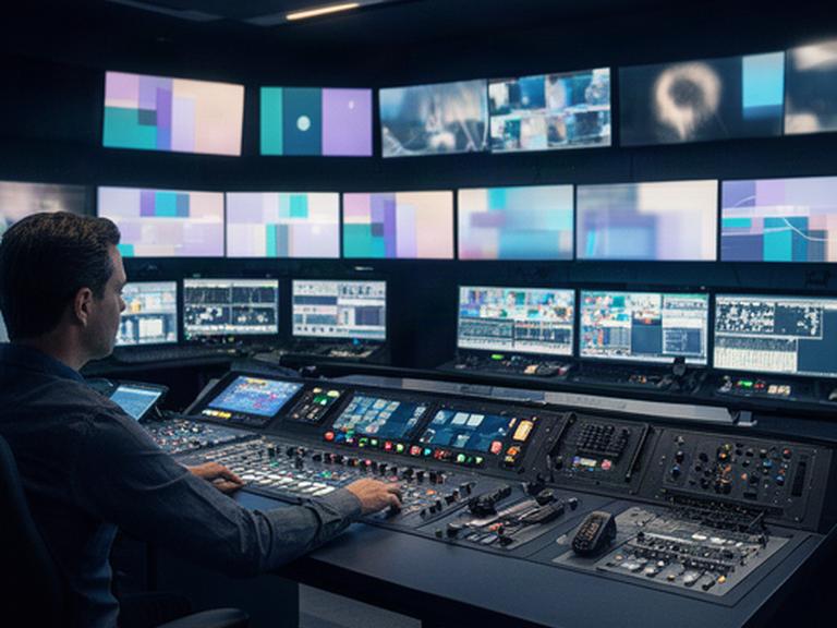 多数のモニターと映像スイッチャーが並ぶ最新サブ調整室の操作風景