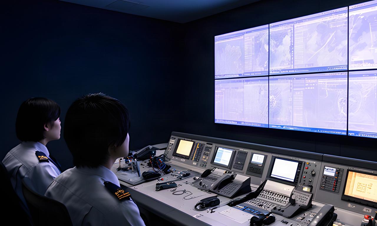 防災センターの監視卓と大型情報モニターを見守る自治体職員