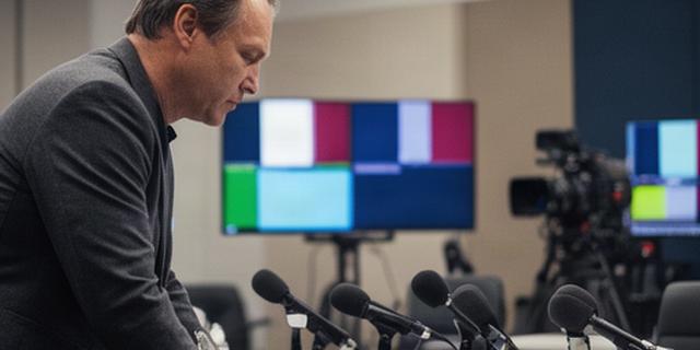省庁の記者会見室で配信操作卓と複数の報道用マイクを確認する担当者